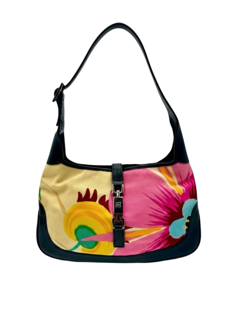 Auth Tom Ford for Gucci Small Floral Nylon Print Black Leather Trim Jackie Bag